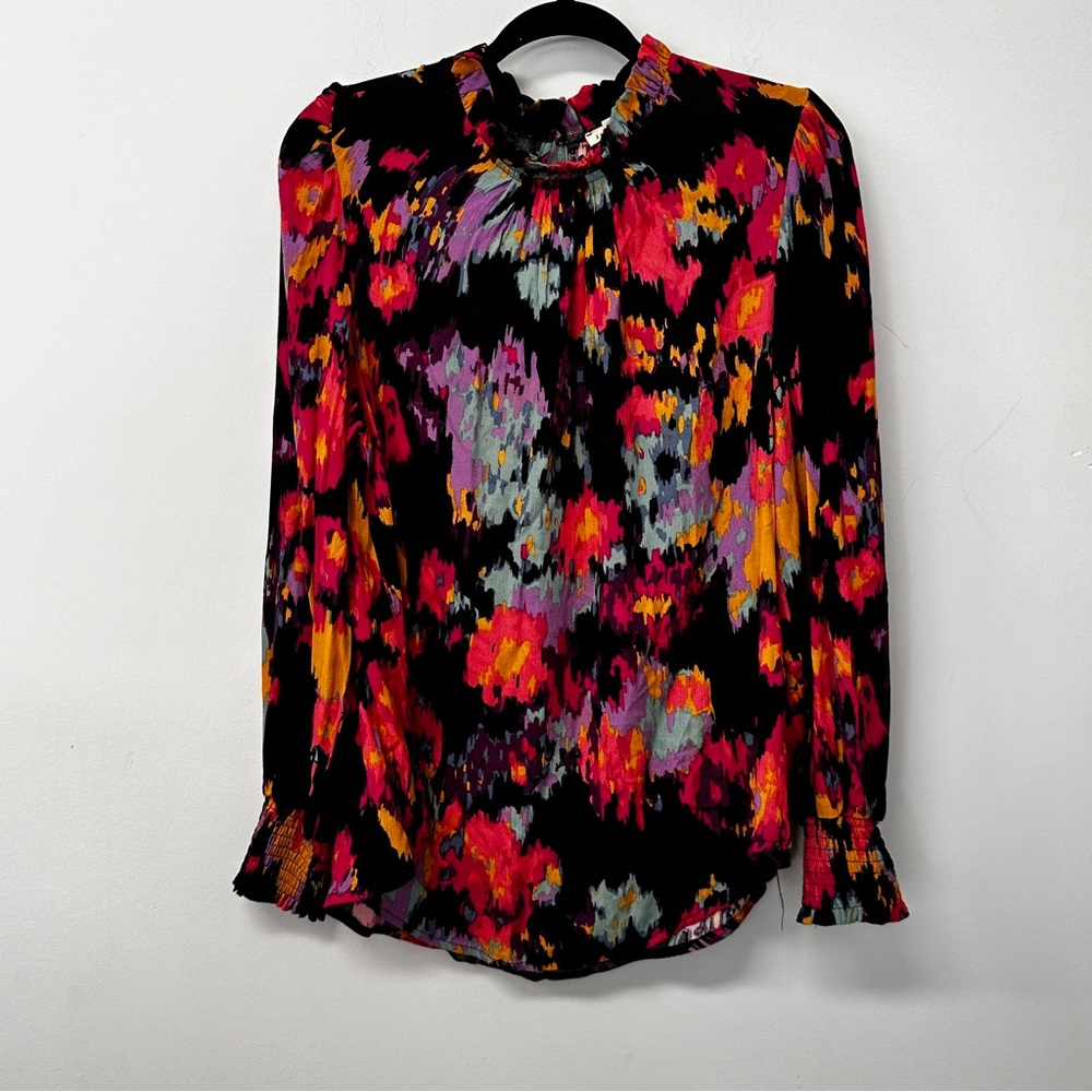 JODIFL Black Blouse with Red Pink Yellow and Lilac Floral Print